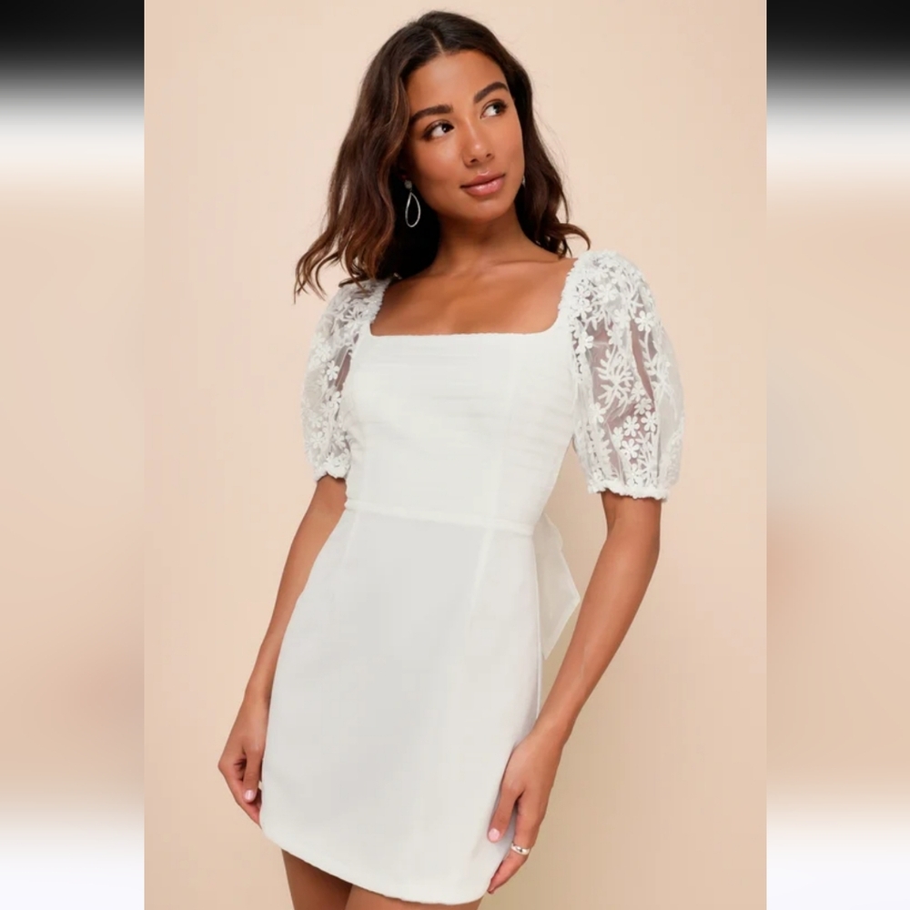 Lulus Charming Potential White Organza Backless Puff Sleeve Mini Dress Sz S NWT